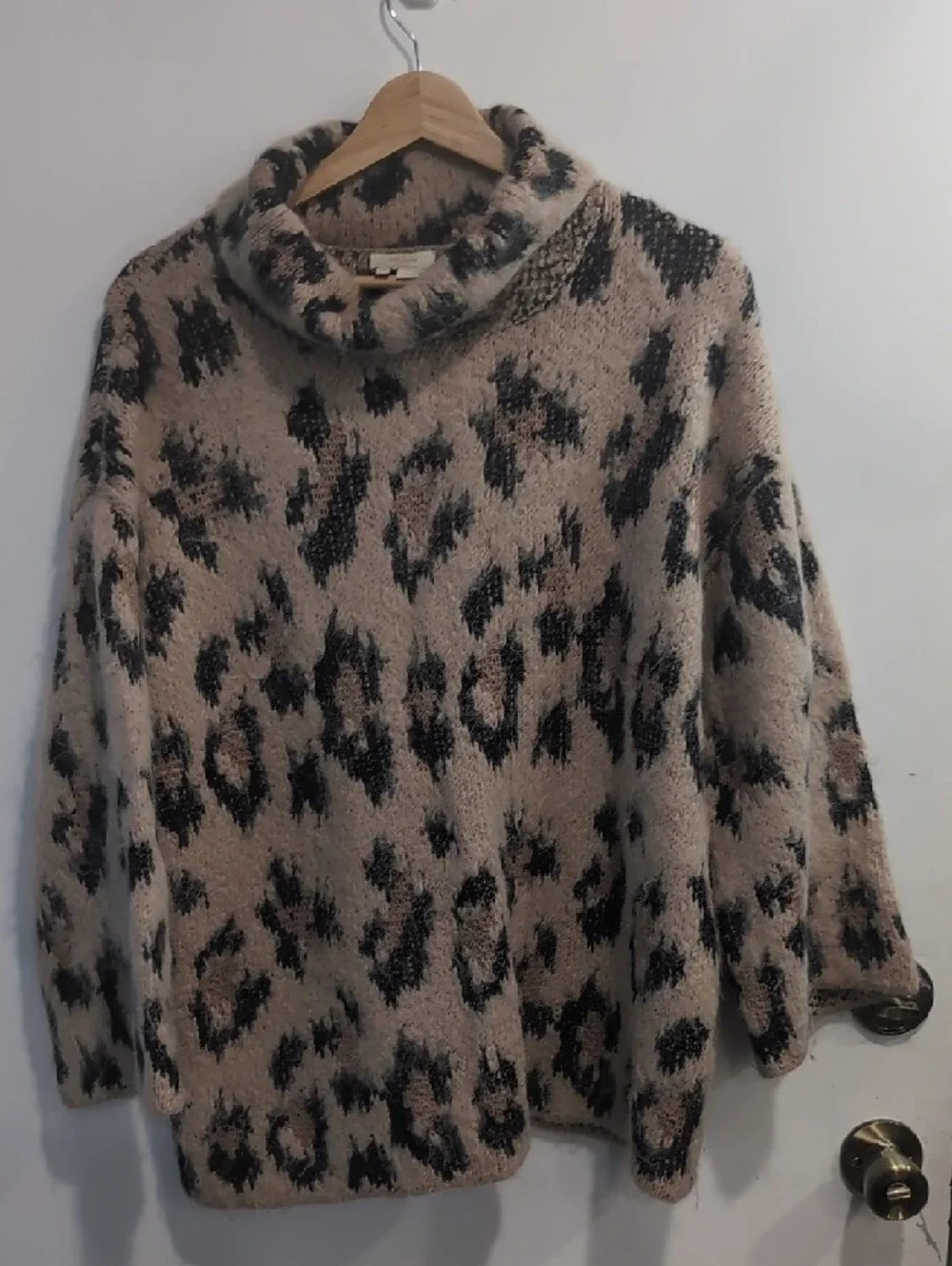 Kate Spade Leopard Print Chunky Sweater Cowl Neck Alpaca/Wool Size Large